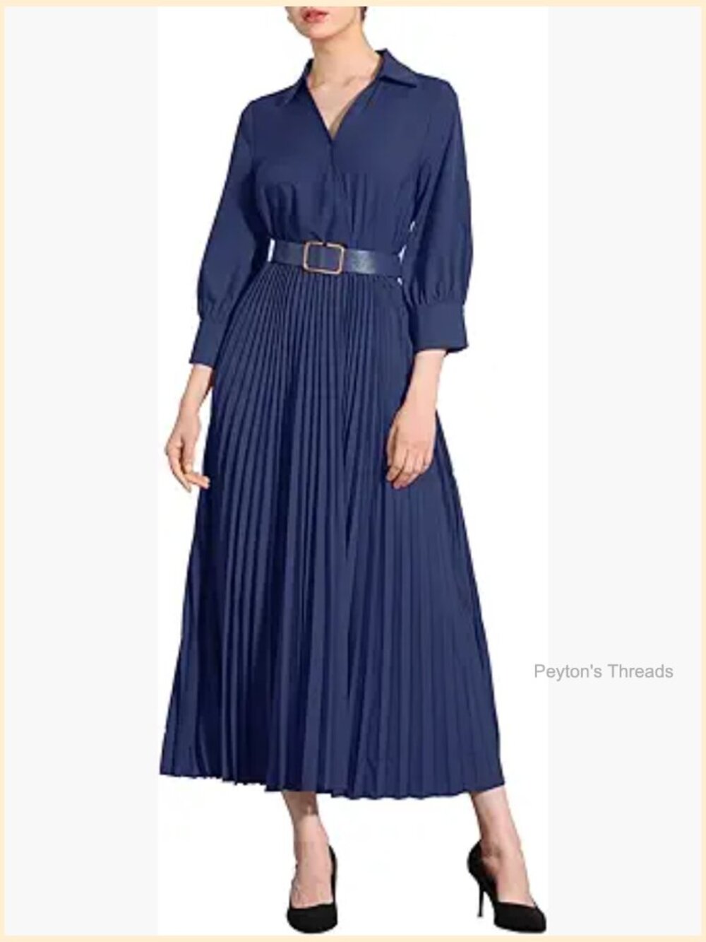Dressy Casual Pleated Maxi Dress with 3/4 Sleeves, Collared V-Neck, Belted - Picture 1 of 5